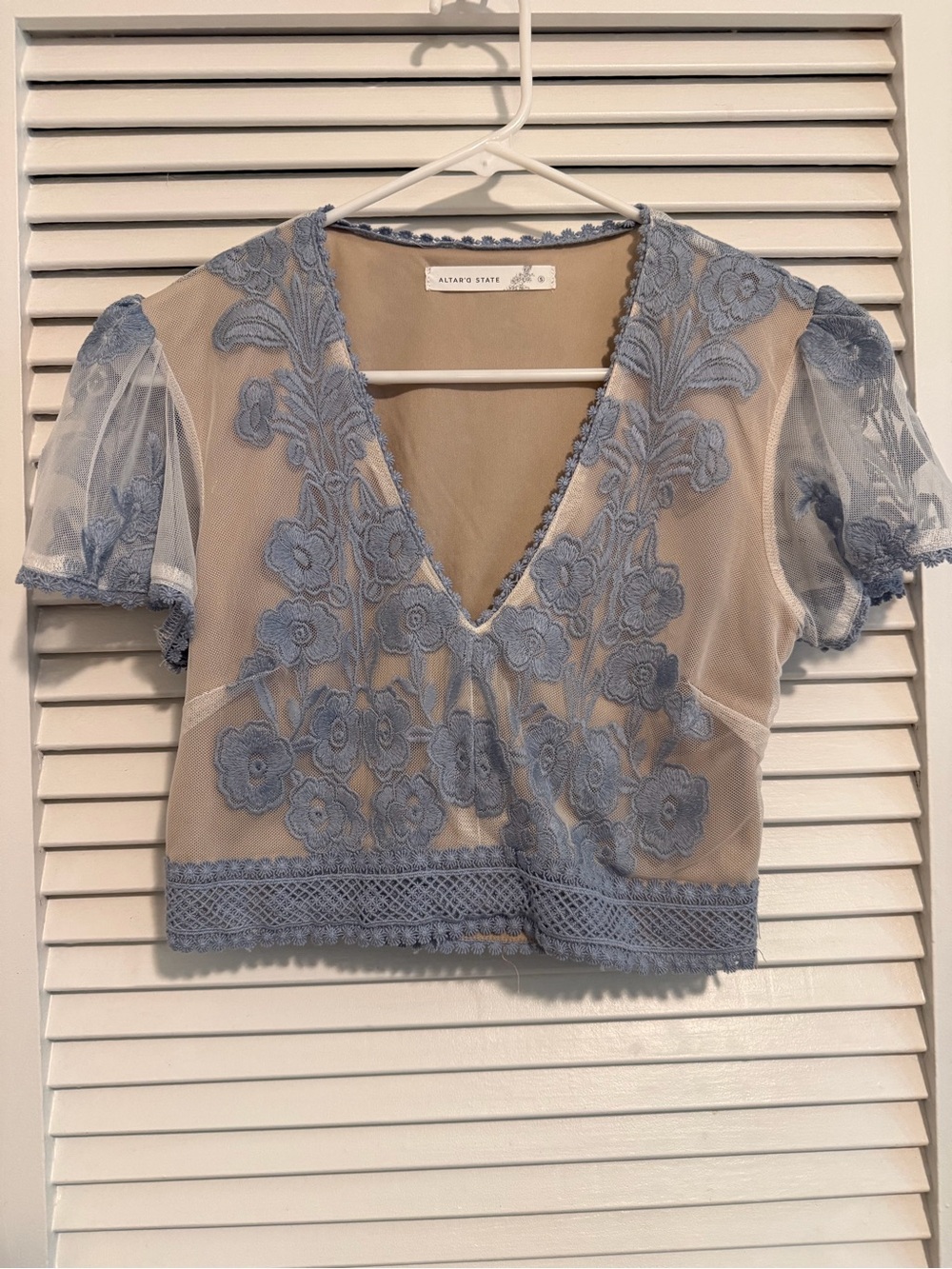 Altar'd State Dusty Blue Floral Lace Sheer V-Neck Crop Top